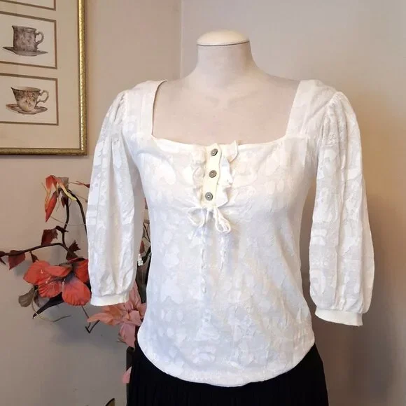 NWOT Aventures des Toiles Women’s White Ruffle Lined Blouse Top ¾ Sleeve 6 - Picture 2 of 11